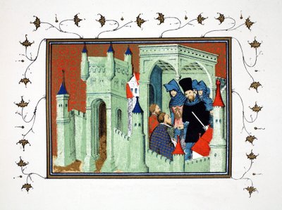 Interno del castello di Chester quando i duchi di Exeter e Surrey consegnano il messaggio del re al duca di Lancaster, copia facsimile da Le Prinse et Mort du Roy Richart di Jean Creton, ristampa XIX secolo da French School